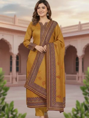 Designer embroidered neck cotton silk suit women