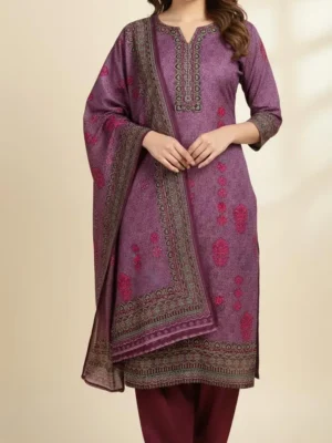 Purple embroidered cotton silk suit women