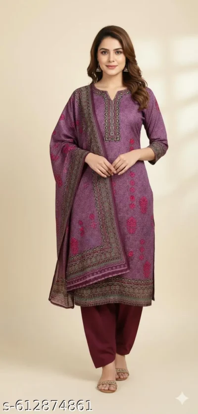 Purple embroidered cotton silk suit women