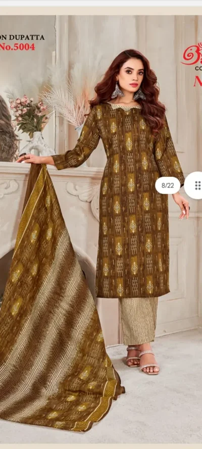 Elegant Brown & Mustard Printed Cotton Silk Suit with Striped Palazzo and Matching Dupatta | Ethnic Wear Kurta Set for Women Unstitched